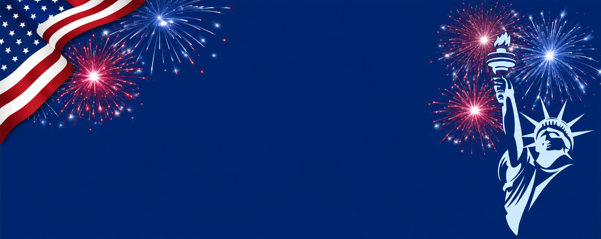 Fourth of July fireworks with the American flag and the Statue of Liberty